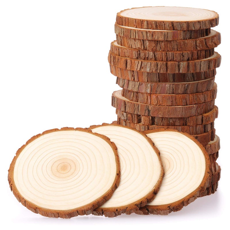 Fuyit Unfinished Wood Slices with No Hole, 20 Pcs 3.5-4 Inches Natural Wooden Circles with Bark for DIY Crafts, Christmas Ornament, Decoration - Image 1